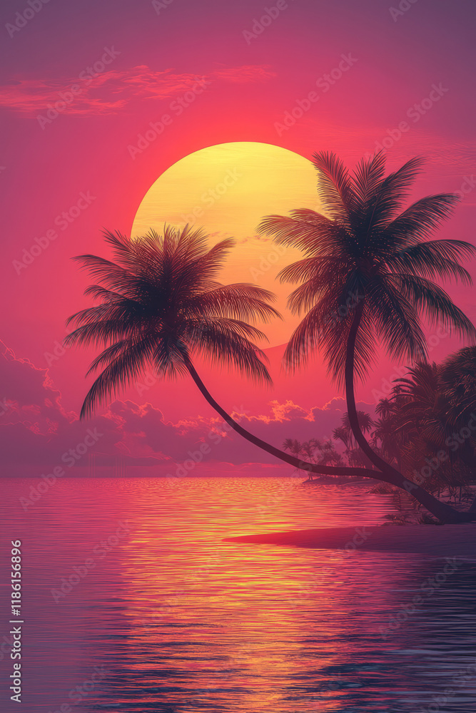 A fan palm silhouette arching across a warm gradient sun from sorbet orange to baby pink, forming a bold center composition, A fan palm silhouette arching across a warm gradient sun from sorbet orange to baby pink, forming a bold center composition,
