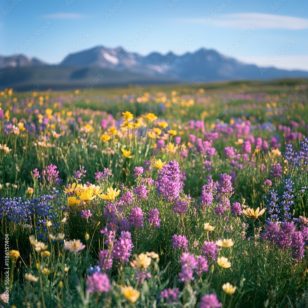 Obraz premium Colorful Wildflower Meadow with Snow-Capped Mountains Under a Partly Cloudy Sky