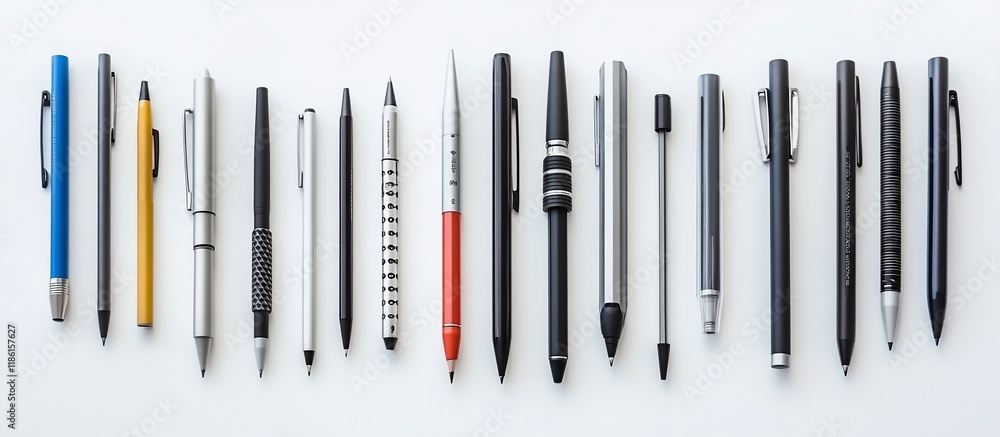 Collection of various pens and pencils arranged in a row on a white background. Collection of various pens and pencils arranged in a row on a white background.