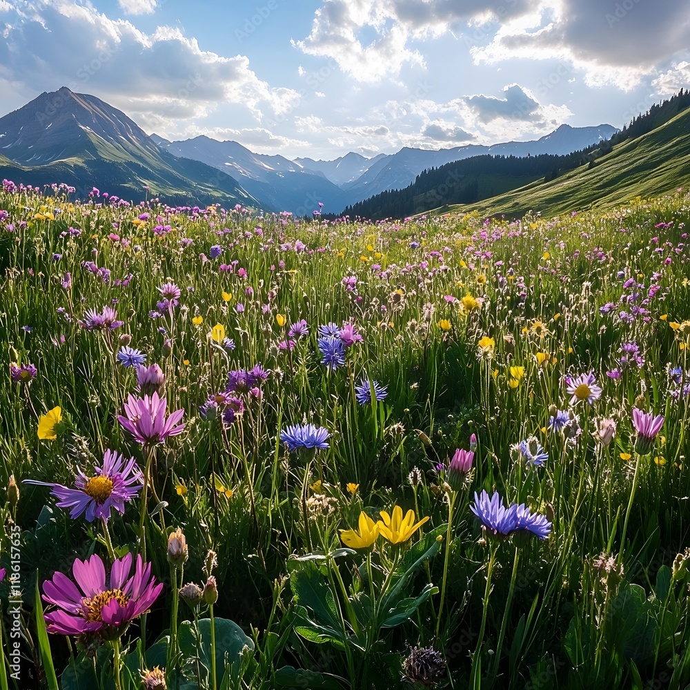 Vibrant Wildflower Field with Mountain Backdrop and Scattered Clouds Vibrant Wildflower Field with Mountain Backdrop and Scattered Clouds