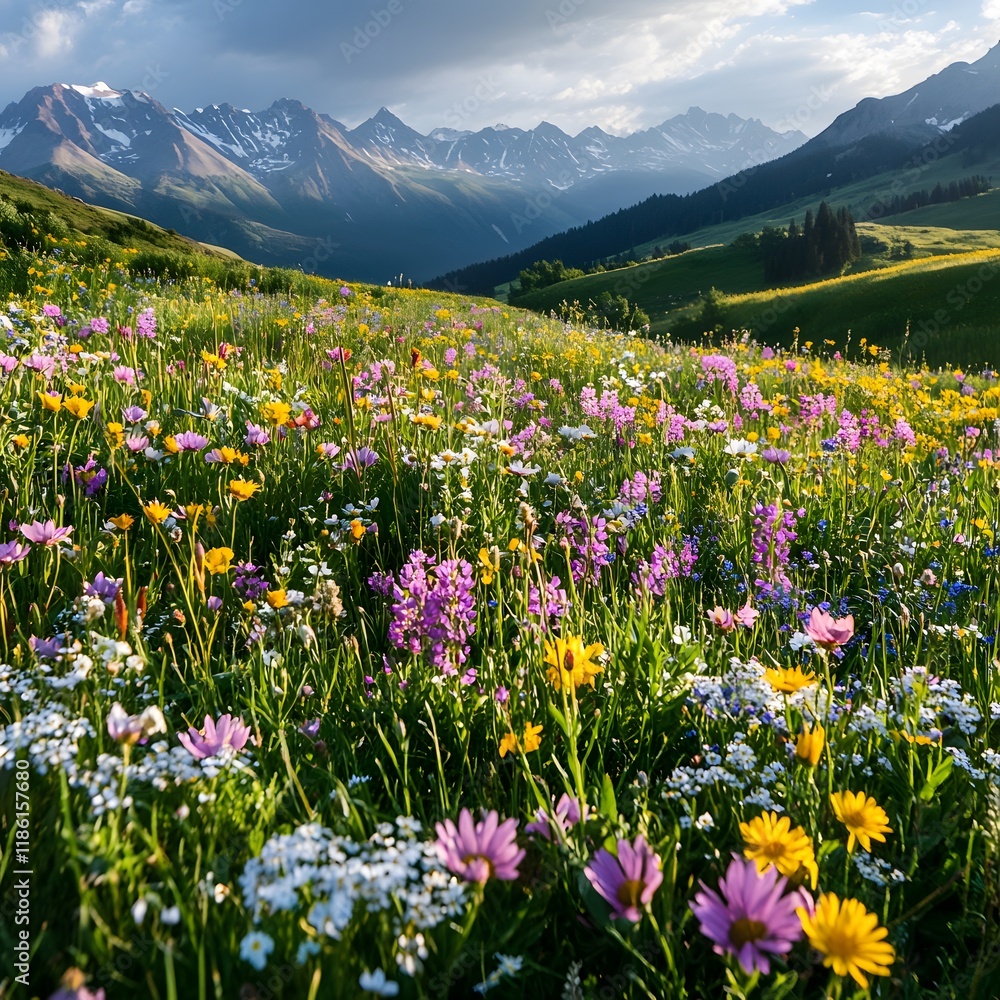 Obraz premium Vibrant Wildflower Field with Mountain Backdrop and Scattered Clouds