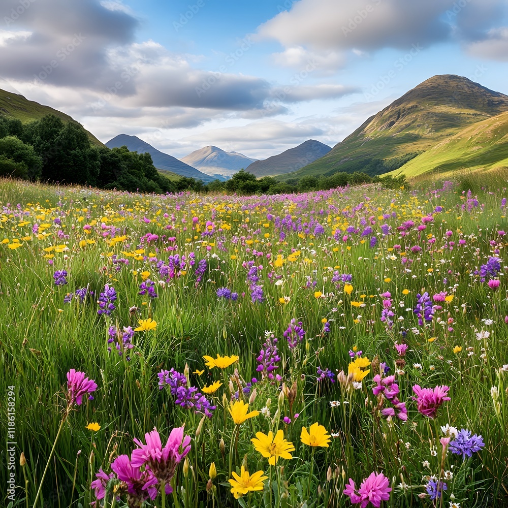 Vibrant Wildflower Field with Mountain Backdrop and Scattered Clouds Vibrant Wildflower Field with Mountain Backdrop and Scattered Clouds