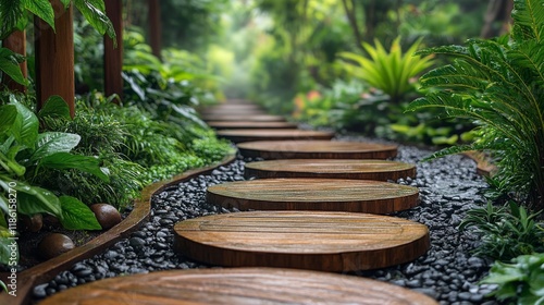 Sunlit wooden pathway surrounded by vibrant flowers in a lush garden setting