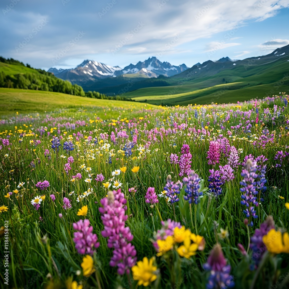 Vibrant Wildflower Field with Mountain Backdrop and Scattered Clouds Vibrant Wildflower Field with Mountain Backdrop and Scattered Clouds