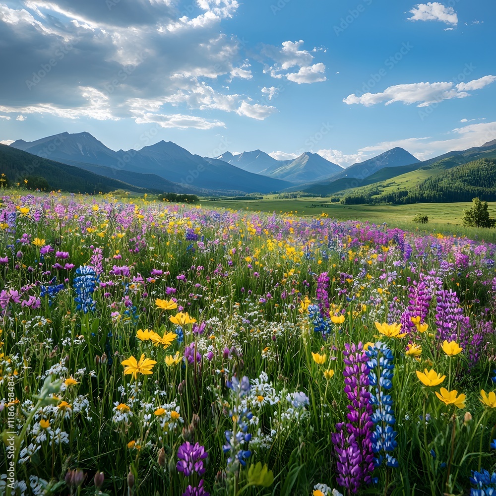 Obraz premium Vibrant Wildflower Field with Mountain Backdrop and Scattered Clouds