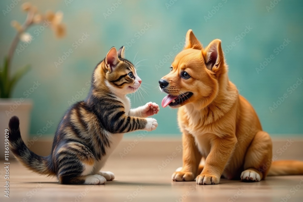 Gato e cachorro brincando com uma caixa de linguagem, gato, brinquedos, caixa Gato e cachorro brincando com uma caixa de linguagem, gato, brinquedos, caixa