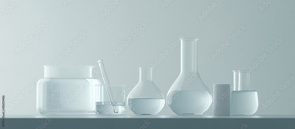 Glass laboratory equipment with liquids on a table. Glass laboratory equipment with liquids on a table.