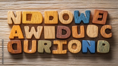 Wooden blocks arranged in a creative pattern with letters on a wooden surface