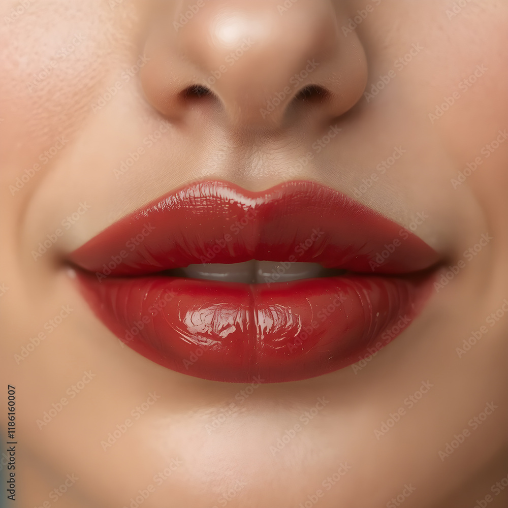 Obraz premium Close-Up of Young Woman's Beautiful Plump Lips with Nude Glossy Red Lips. Generative AI.