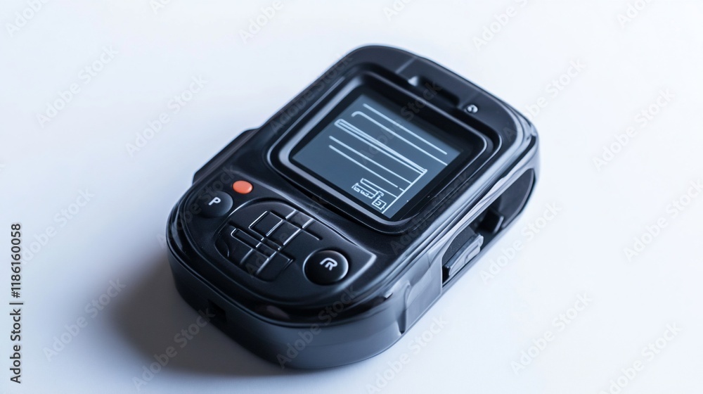 Black handheld device with screen and buttons on white background. Black handheld device with screen and buttons on white background.