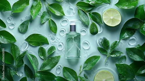 Refreshing essence with citrus and green leaves arranged beautifully on a sof...