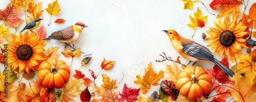 Autumn leaves, birds, pumpkins, and sunflower in a colorful arrangement on a light background Beautiful seasonal illustration showcasing nature s bounty