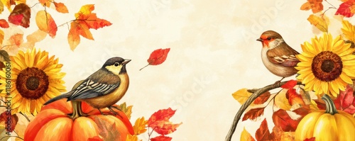 Autumn leaves, birds, pumpkins, and sunflower in a colorful arrangement on a light background Beautiful seasonal illustration showcasing nature s bounty