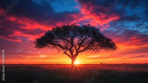 Sunset illuminates solitary tree in vast landscape with vibrant colors