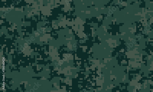Abstract pixelated camouflage pattern in dark green shades.  Perfect for backgrounds, website design, military-themed projects, or creating a rugged, tactical aesthetic.