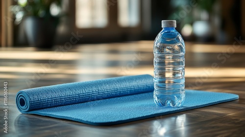 Yoga mat and water bottle prepared for a morning workout in a rustic indoor s...