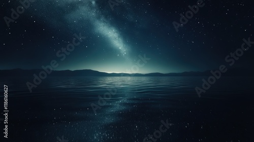 A starry night sky reflected in a calm ocean with distant mountains