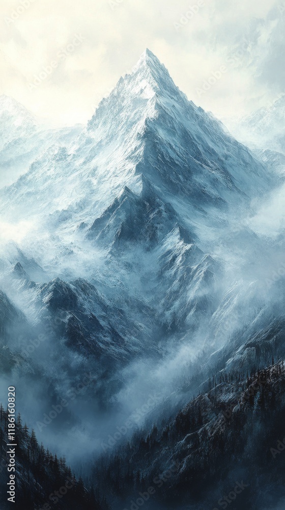 Obraz premium Majestic mountain peaks shrouded in mist reveal nature's serene beauty and mystery during twilight hours