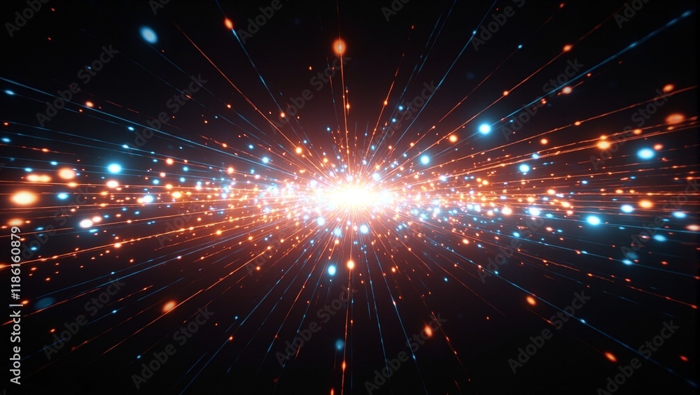 Fototapeta premium Abstract multicolored light trails on black background with soft bokeh halos creating retro futuristic feel