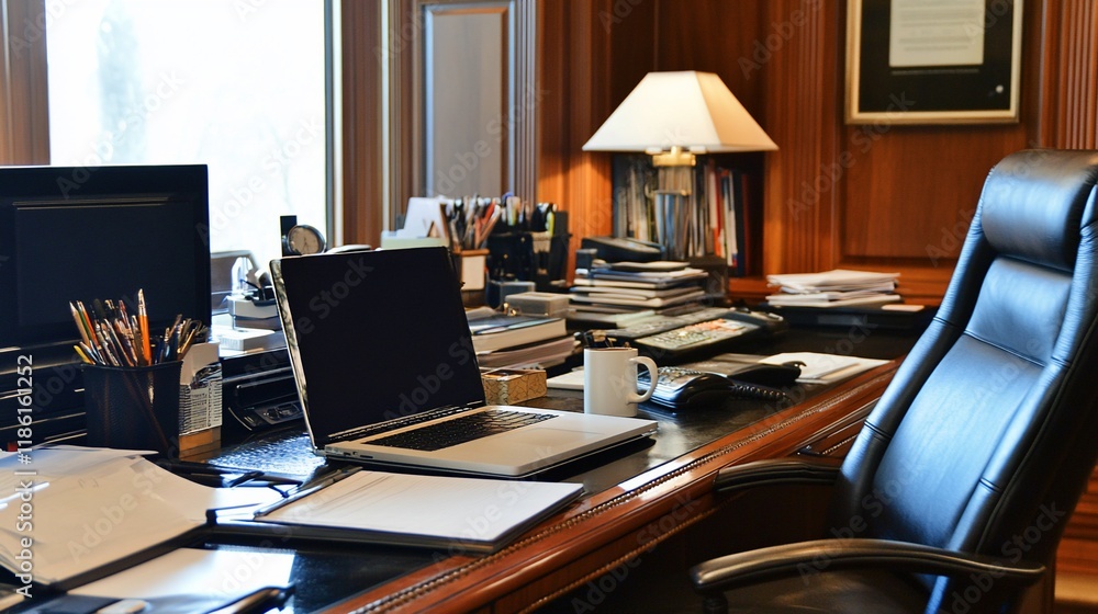 Elegant Executive Office Workspace: A View of Productivity and Success Elegant Executive Office Workspace: A View of Productivity and Success