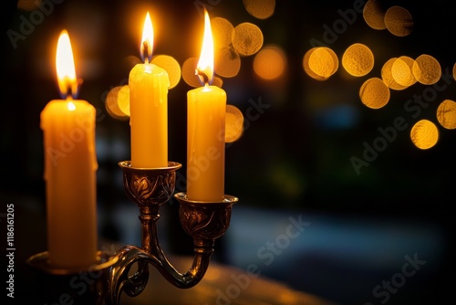 A subtle image of a Hanukkah background featuring a menorah (a traditional candelabra) with lit candles. photo