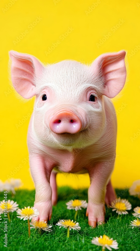 A baby piglet with rosy cheeks frolicking in a spring meadow filled with dandelions its tiny tail wagging in the sunlight for a cute spring moment A baby piglet with rosy cheeks frolicking in a spring meadow filled with dandelions its tiny tail wagging in the sunlight for a cute spring moment