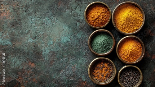 Colorful spices arranged in bowls displayed on a sunny kitchen countertop