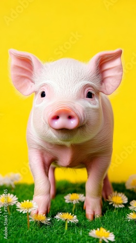 A baby piglet with rosy cheeks frolicking in a spring meadow filled with dandelions its tiny tail wagging in the sunlight for a cute spring moment  photo