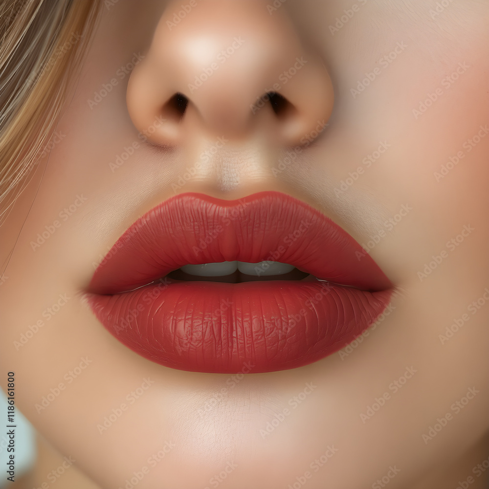Obraz premium Close-Up of Young Woman's Beautiful Plump Lips with Nude Glossy Red Lipstick. Generative AI.