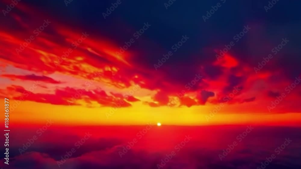 A vivid orange and red sunset transitioning to deep blues and purples as the night takes over A vivid orange and red sunset transitioning to deep blues and purples as the night takes over