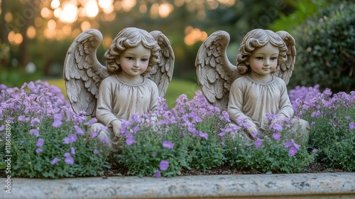 Duo of cherubic angels nestled among vibrant yellow flowers during sunset