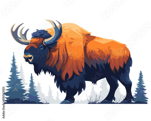 Large brown and orange buffalo with antlers stands in front of a forest. The buffalo is the main focus of the image, and the forest in the background adds a sense of depth and scale to the scene