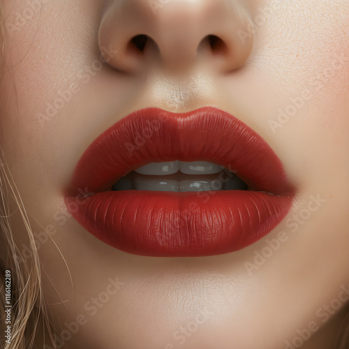 Close-Up of Young Woman's Beautiful Plump Lips with Nude Glossy Red Lipstick. Generative AI.