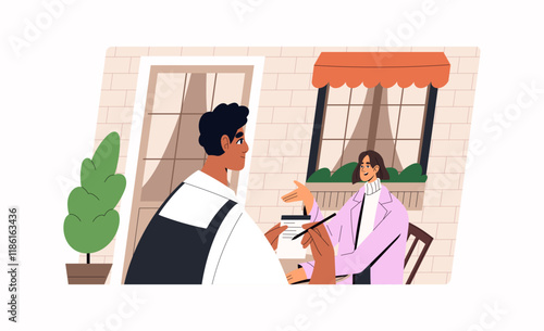 Customer at the table outside restaurant makes order. Coffeehouse waiter takes notes on paper. Woman sits on cafe terrace to eating outdoors. Flat isolated vector illustration on white background