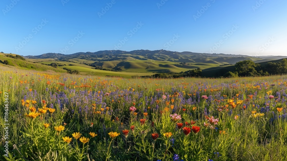 Obraz premium A Large Field of Wild Flowers With Hills in the Background - Generative AI