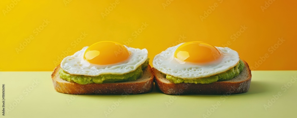 avocado toast with fried eggs, bright food styling, minimalistic background, green and yellow accents, healthy breakfast concept, appealing presentation, vibrant colors, modern cuisine, trendy dish avocado toast with fried eggs, bright food styling, minimalistic background, green and yellow accents, healthy breakfast concept, appealing presentation, vibrant colors, modern cuisine, trendy dish