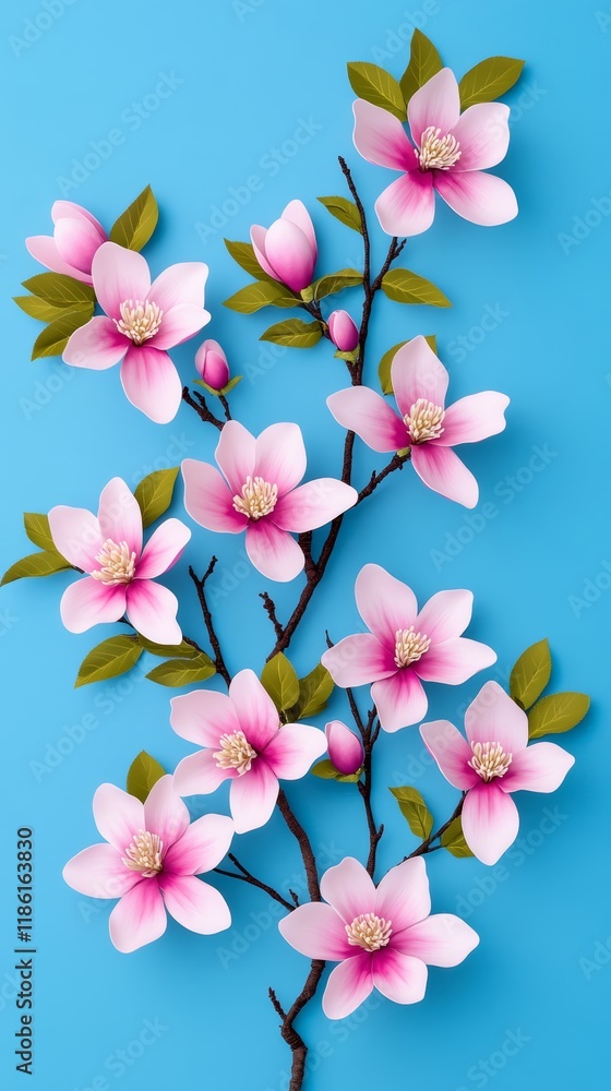 A close up of delicate magnolia flowers in full bloom with pale pink petals against a bright blue sky for a refined spring aesthetic A close up of delicate magnolia flowers in full bloom with pale pink petals against a bright blue sky for a refined spring aesthetic