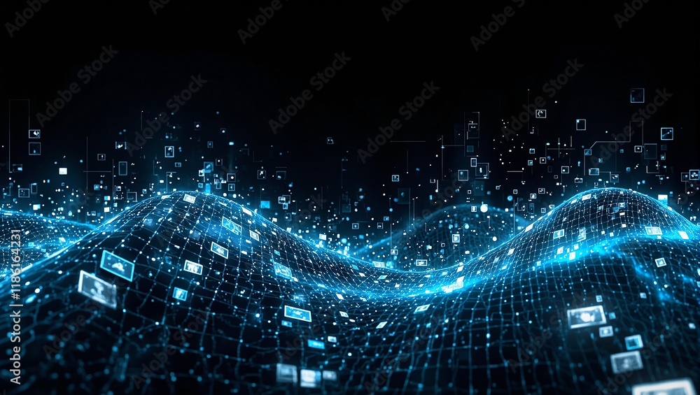Obraz premium Futuristic wave of neon data on dark background pulsating pixelated grids evoking high tech movement