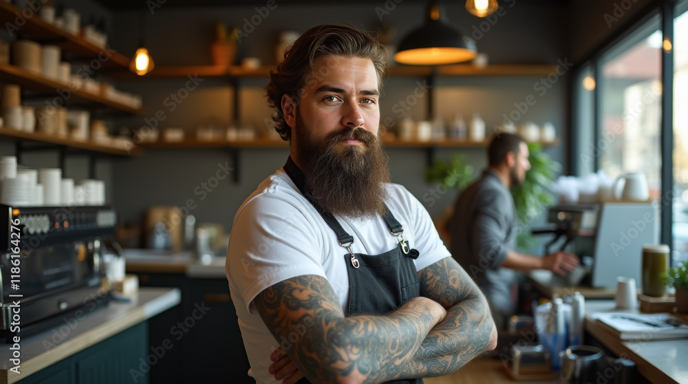 Fototapeta premium Bearded tattooed barista in apron posing looking to camera in a coffee shop