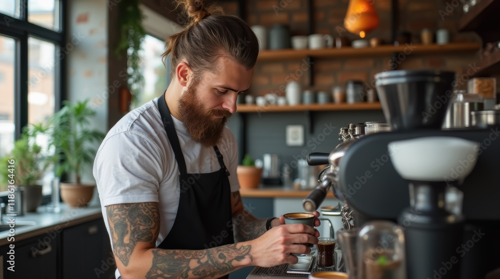 Bearded barista with tattoos in apron making coffee in coffee shop