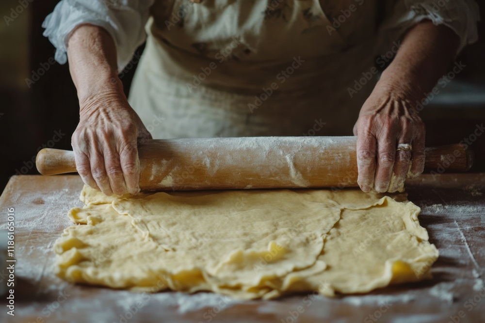 Fototapeta premium A woman rolling out dough with a rolling pin