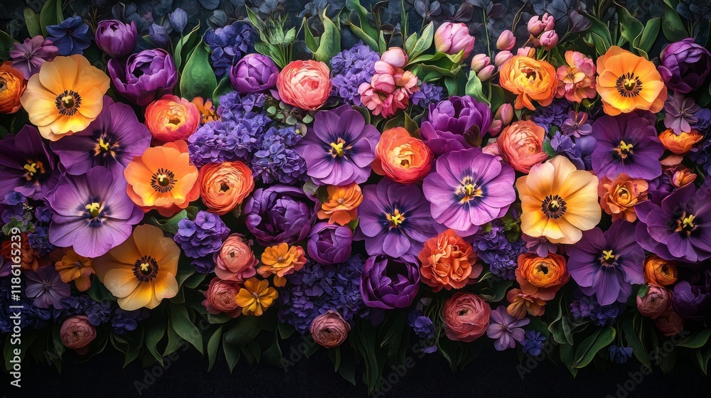 Fototapeta premium Floral arrangement with ranunculus, tulips, anemones, hydrangeas for weddings, birthdays, and spring celebrations