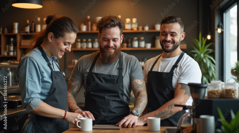 Group of cheerful baristas wearing aprons working together in modern cafe in a relaxing moment Group of cheerful baristas wearing aprons working together in modern cafe in a relaxing moment