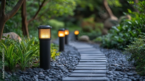 Garden pathway illuminated by lanterns with smooth stones and lush greenery d...