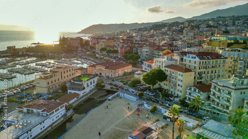 Fototapeta premium Sanremo, Italy. Aerial view of city port and skyline
