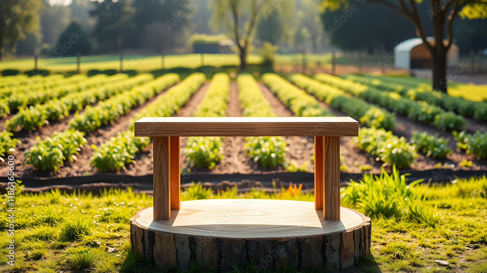 Tree Table wood Podium in farm display on Herbal plantation background, Table in a farm with grass, trees, and Sunlight in the morning. Generative AI Tree Table wood Podium in farm display on Herbal plantation background, Table in a farm with grass, trees, and Sunlight in the morning. Generative AI