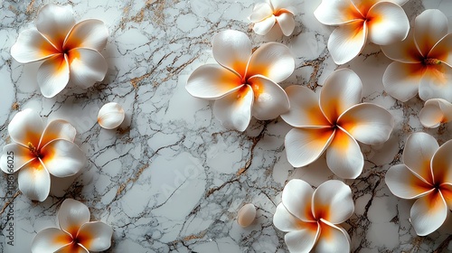 Elegant Plumeria Blossoms on Marble Surface - A Serene Floral Arrangement