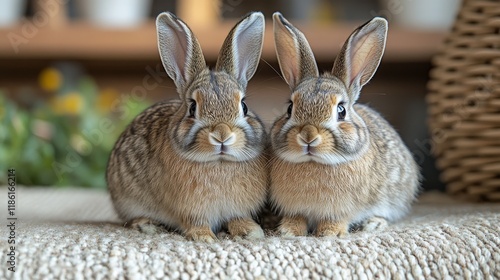 Two fluffy rabbits cuddling together in a cozy knitted blanket during a sunny...