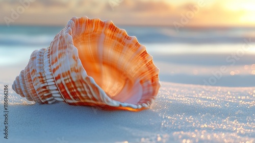 Seashell resting on soft sand with gentle sunlight highlighting its colors an...