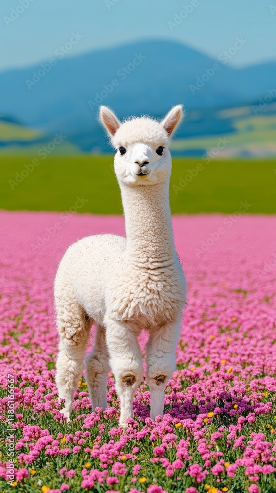 A fluffy baby alpaca standing in a flower filled pasture with mountains in the background bathed in golden springtime light for an elegant touch A fluffy baby alpaca standing in a flower filled pasture with mountains in the background bathed in golden springtime light for an elegant touch